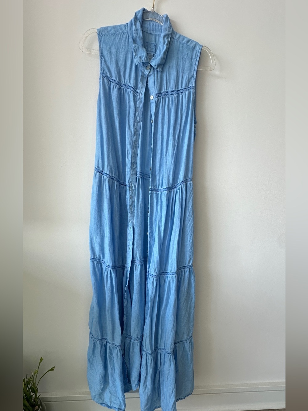Sleeveless Light Blue Tiered Maxi Skirt Dress - Casual Button-Front